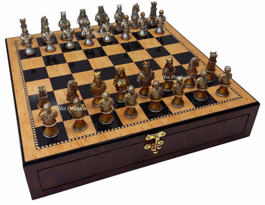 Medieval Times Crusades Gold & Silver Busts Chess Set W Walnut Color Storage Board