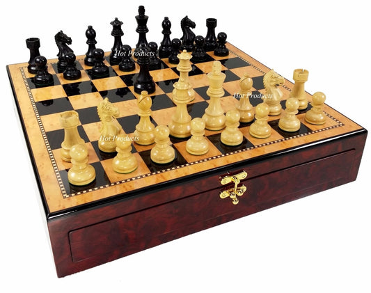 4 QN BLACK Supreme Knight Staunton Wood Chess Set W/ Walnut Color Storage Board