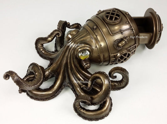Nautical Steampunk Octopus Diving Helmet Drawer Trinket Box Statue Bronze Finish