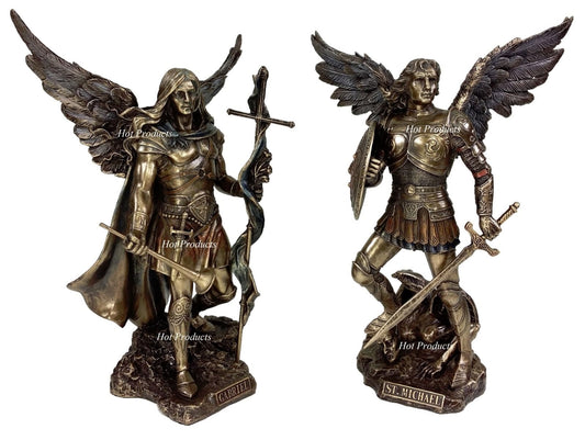 PAIR Saint Michael & Gabriel Archangel Sword & Shield Statue Bronze Color