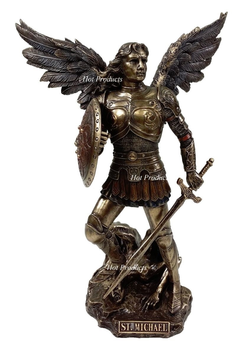 PAIR Saint Michael & Gabriel Archangel Sword & Shield Statue Bronze Color