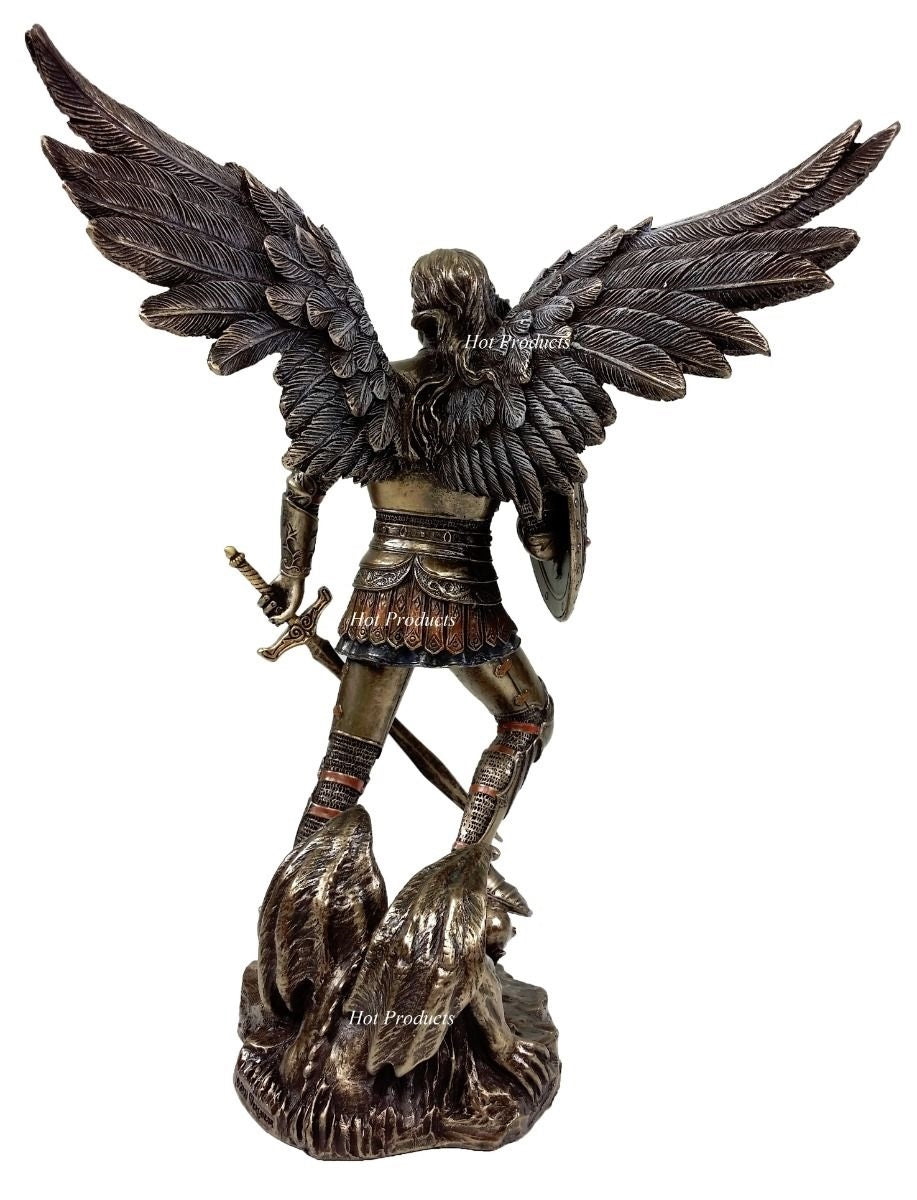 PAIR Saint Michael & Gabriel Archangel Sword & Shield Statue Bronze Color