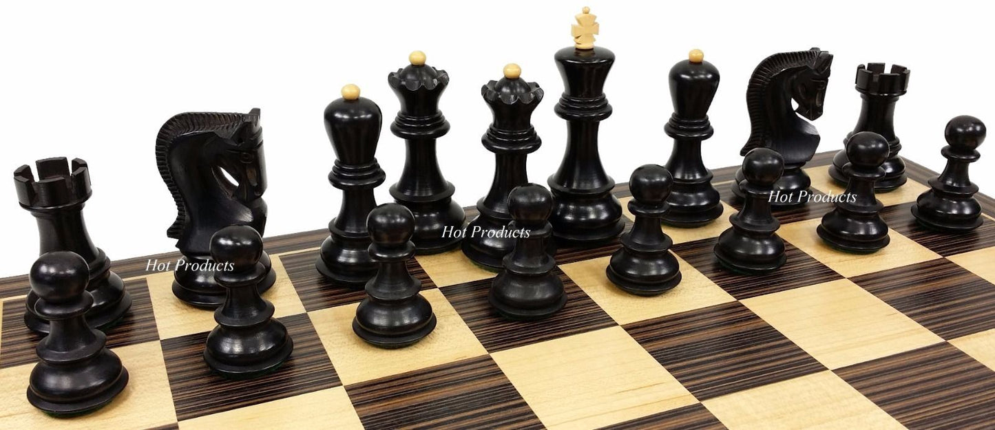 4 QN BLACK RUSSIAN Opp Tops 3 3/4" King Staunton Wood Chess Set 17" Ebony Board