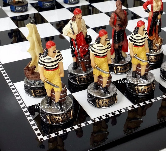Pirates Vs Royal Navy Pirate Chess Men Set  W/ 15" Black & White Gloss Board