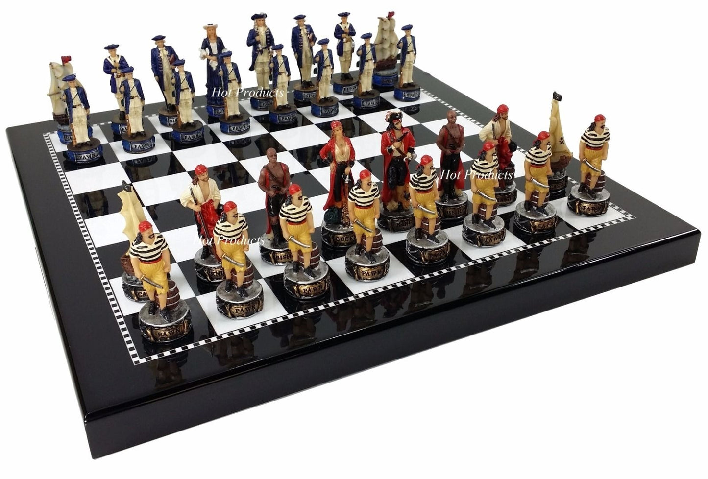 Pirates Vs Royal Navy Pirate Chess Men Set  W/ 15" Black & White Gloss Board