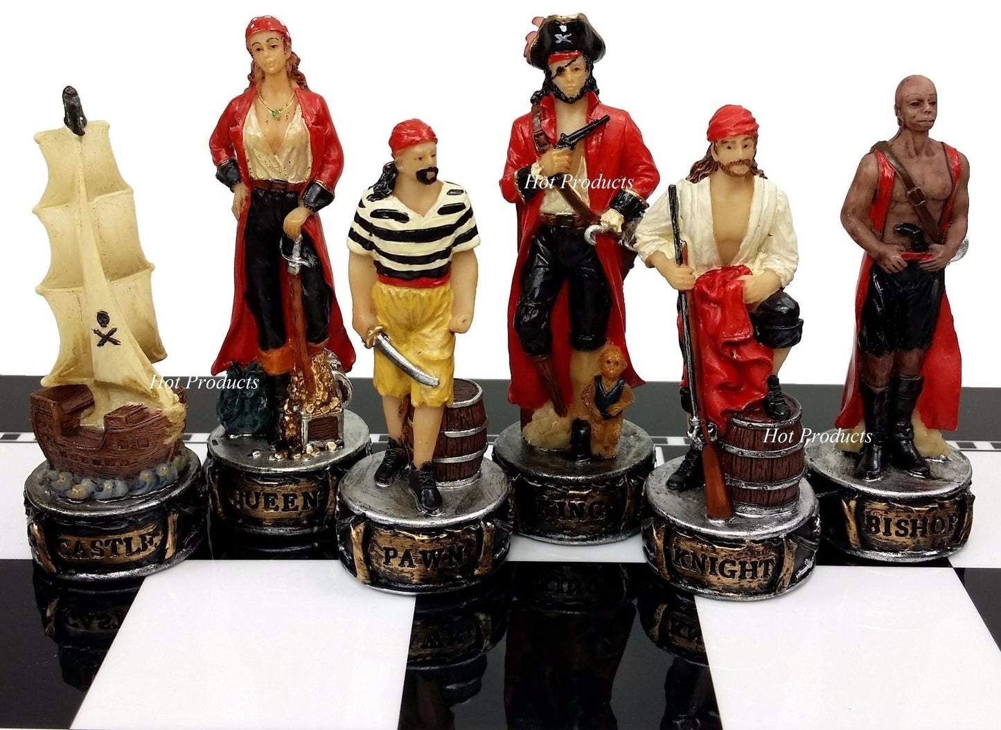 Pirates Vs Royal Navy Pirate Chess Men Set  W/ 15" Black & White Gloss Board