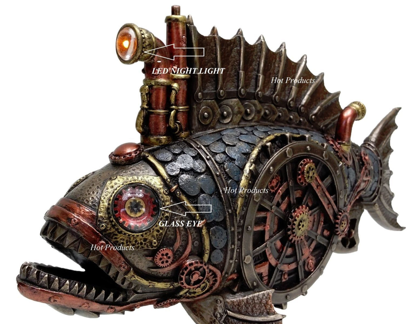 12" LED NIGHTLIGHT Steampunk Submarine Anglerfish Statue Sculpture Bronze Finish