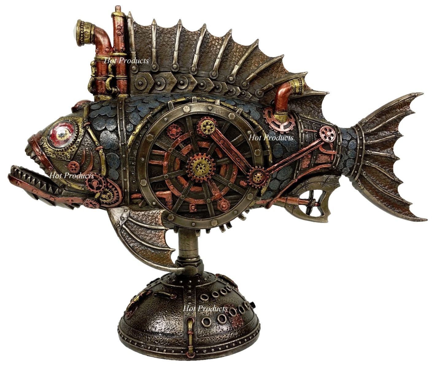 12" LED NIGHTLIGHT Steampunk Submarine Anglerfish Statue Sculpture Bronze Finish