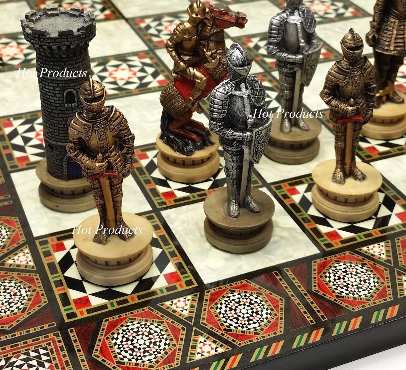 Medieval Times Crusades Armored Knight Chess Set W/ 17" Mosaic Color Board