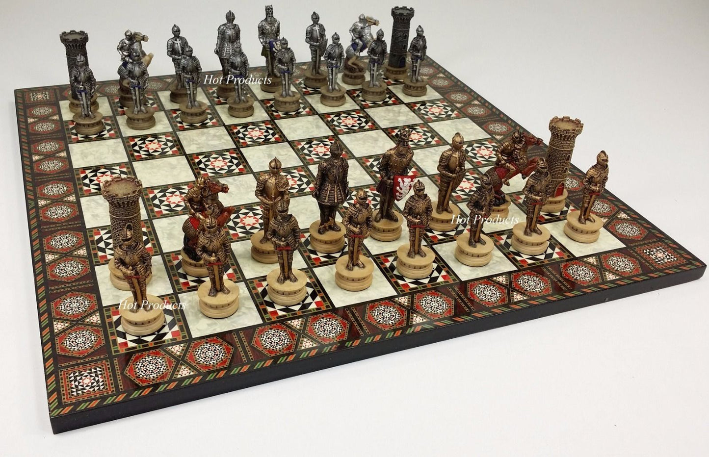 Medieval Times Crusades Armored Knight Chess Set W/ 17" Mosaic Color Board