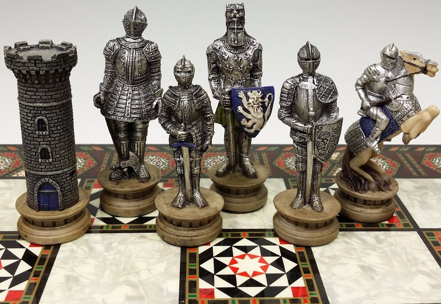 Medieval Times Crusades Armored Knight Chess Set W/ 17" Mosaic Color Board