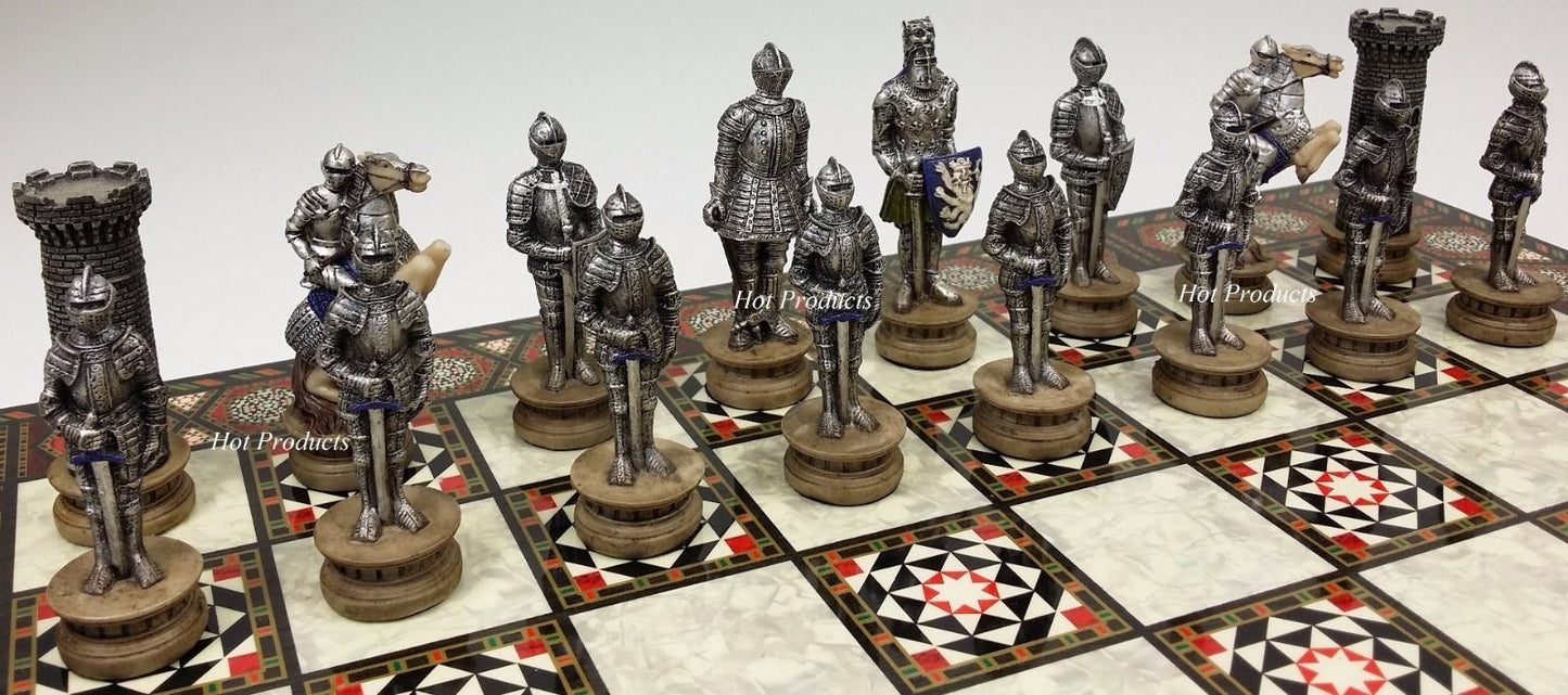 Medieval Times Crusades Armored Knight Chess Set W/ 17" Mosaic Color Board