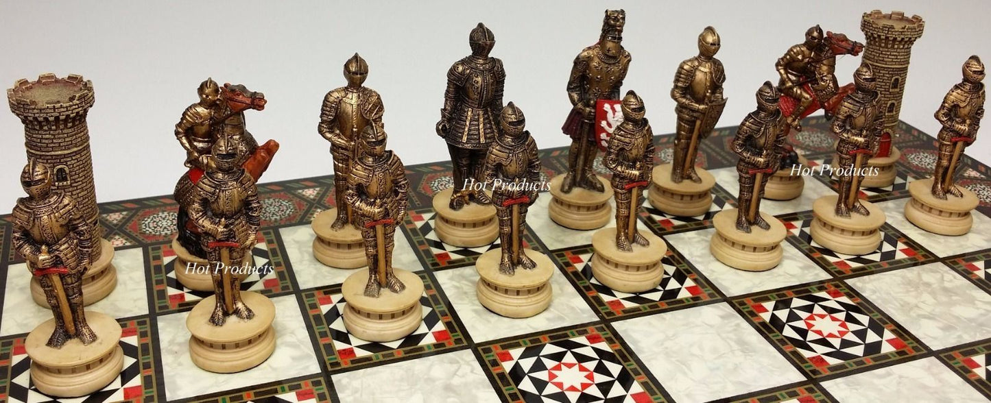 Medieval Times Crusades Armored Knight Chess Set W/ 17" Mosaic Color Board