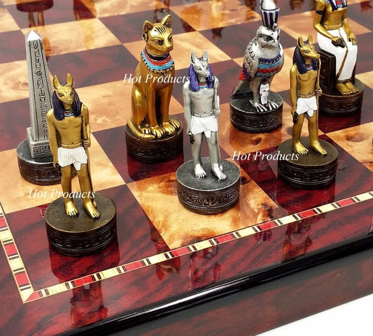 Egyptian Anubis Gold & Silver Chess Men Set W/ Color Accents 18" Cherry Color Bd