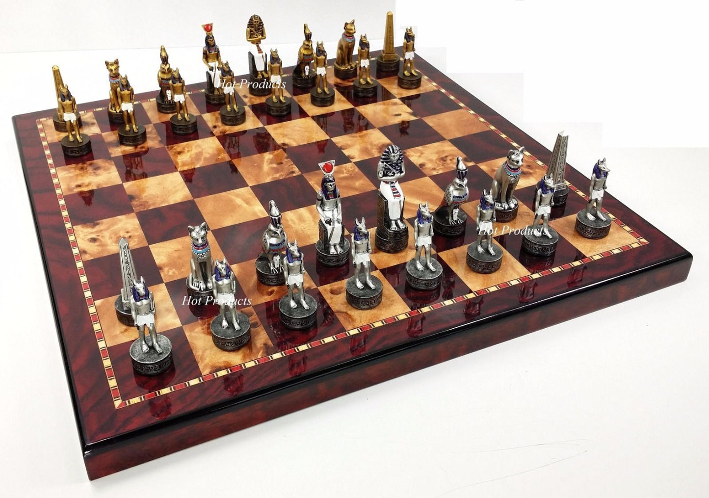 Egyptian Anubis Gold & Silver Chess Men Set W/ Color Accents 18" Cherry Color Bd