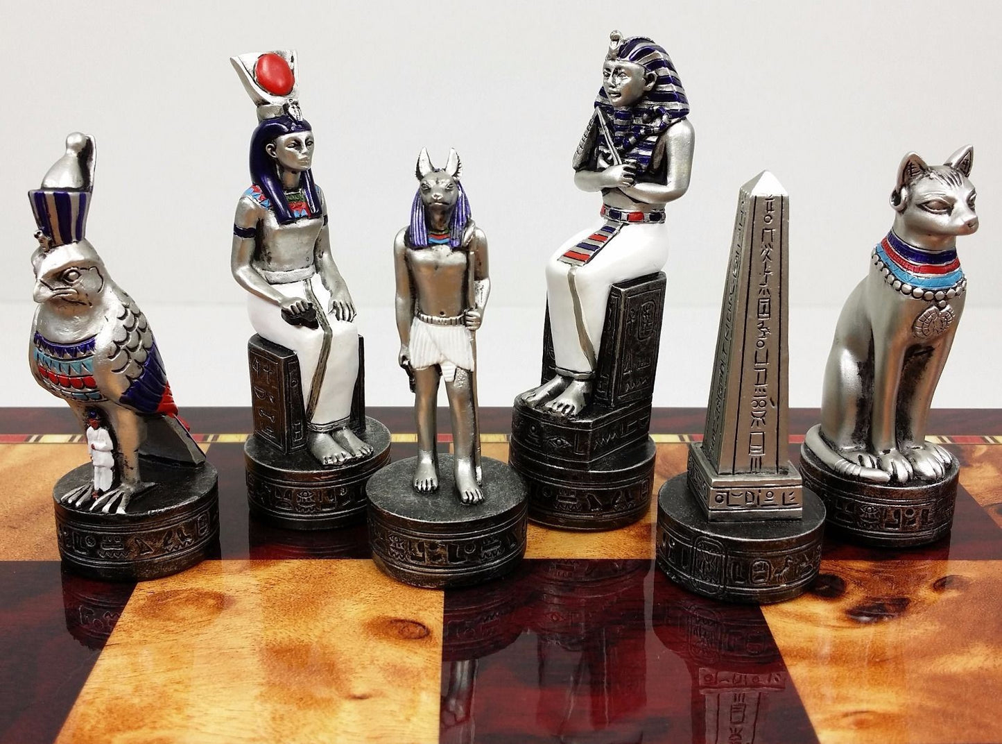 Egyptian Anubis Gold & Silver Chess Men Set W/ Color Accents 18" Cherry Color Bd