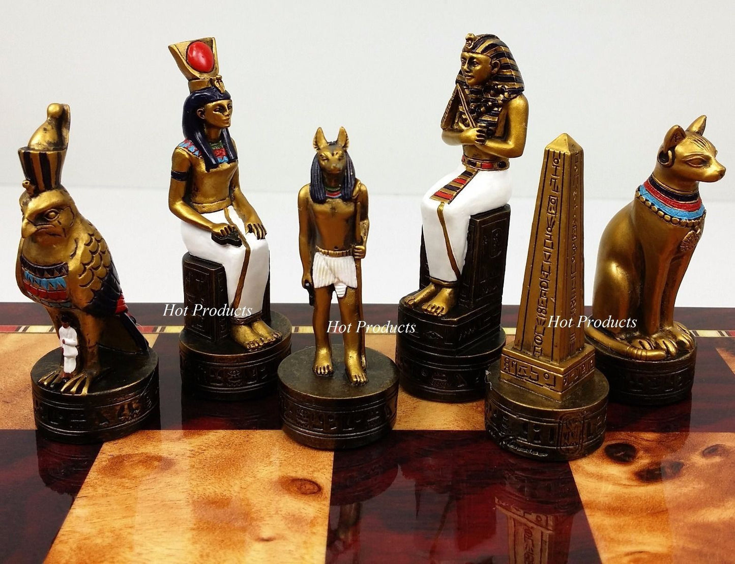 Egyptian Anubis Gold & Silver Chess Men Set W/ Color Accents 18" Cherry Color Bd