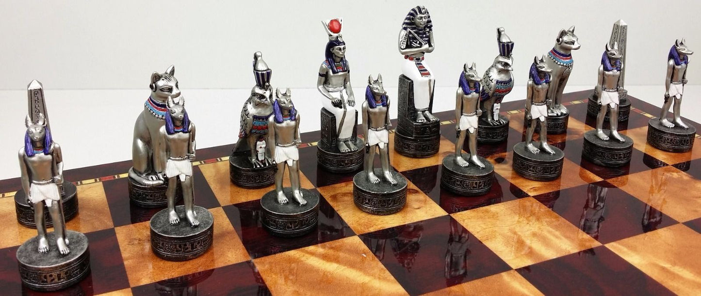 Egyptian Anubis Gold & Silver Chess Men Set W/ Color Accents 18" Cherry Color Bd