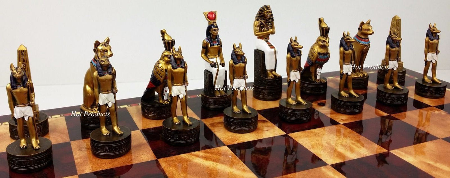 Egyptian Anubis Gold & Silver Chess Men Set W/ Color Accents 18" Cherry Color Bd