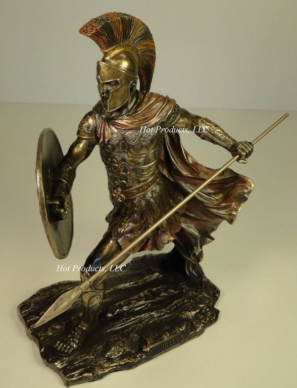 11.5" Achilles W/ Spear & Shield Greek Mythology Sculpture Statue Bronze Finish