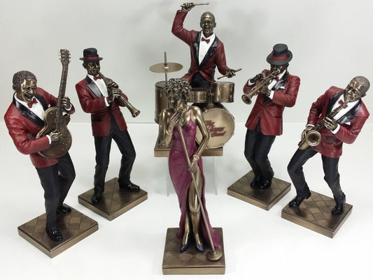 6 PC - JAZZ BAND COLLECTION SINGER SAXOPHONE GUITAR TRUMPET CLARINET DRUM Statue