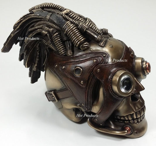 8" STEAMPUNK INDUSTRIAL AGE Human Skull Statue Wire & Leather Finish Hair Decor