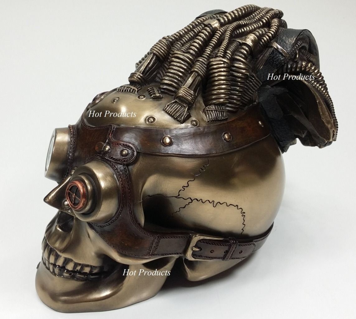 8" STEAMPUNK INDUSTRIAL AGE Human Skull Statue Wire & Leather Finish Hair Decor