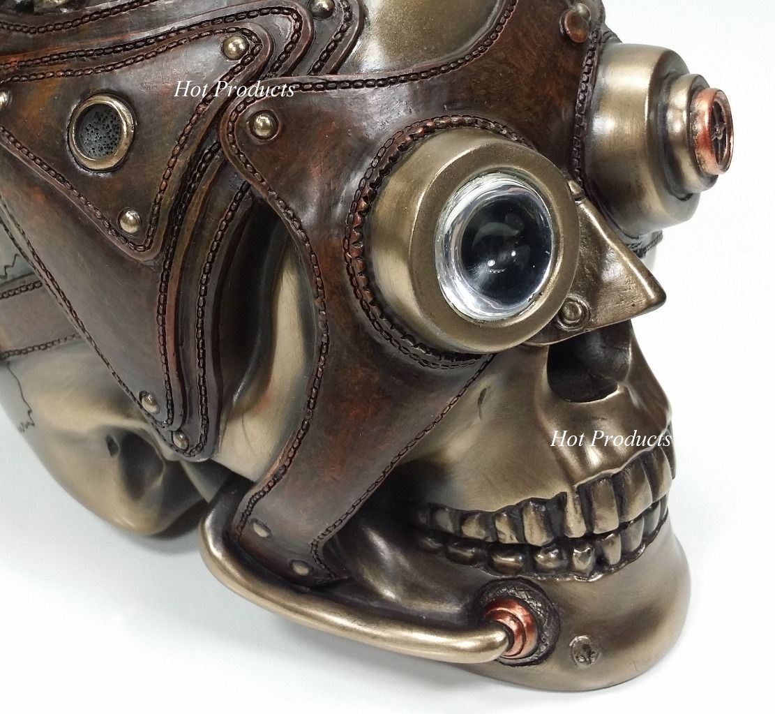 8" STEAMPUNK INDUSTRIAL AGE Human Skull Statue Wire & Leather Finish Hair Decor