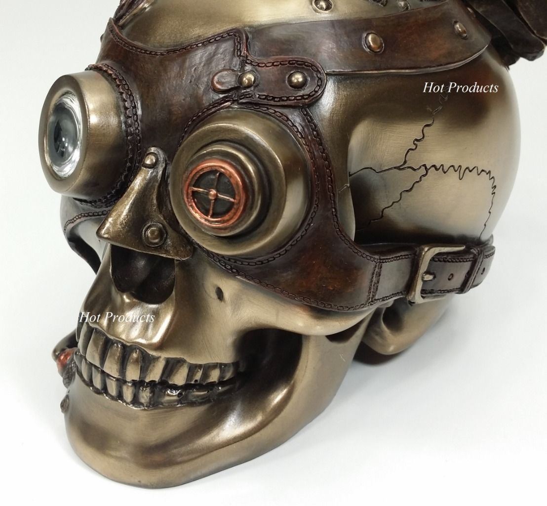 8" STEAMPUNK INDUSTRIAL AGE Human Skull Statue Wire & Leather Finish Hair Decor