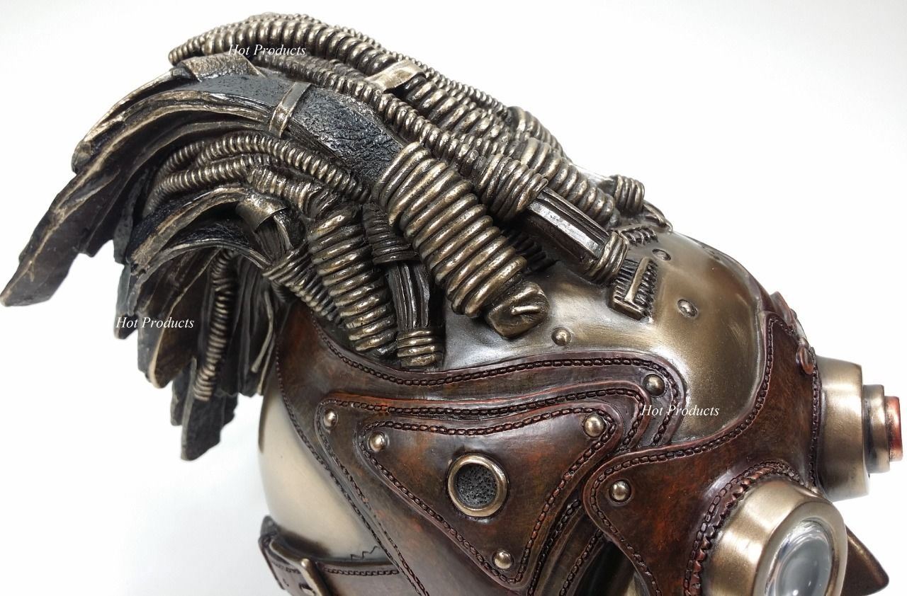 8" STEAMPUNK INDUSTRIAL AGE Human Skull Statue Wire & Leather Finish Hair Decor