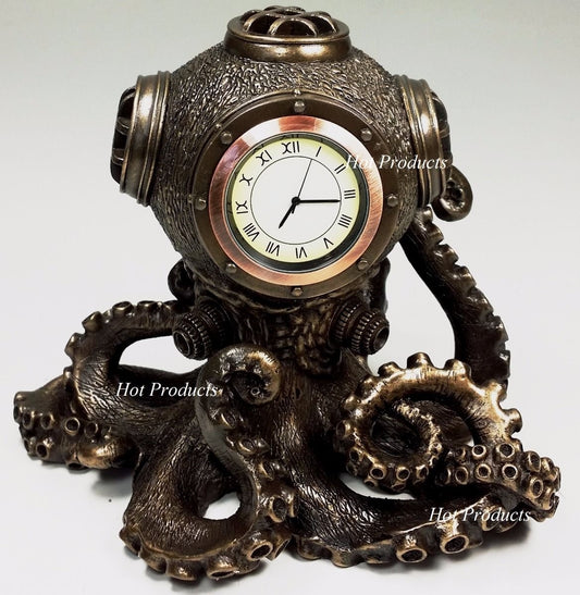 Nautical Steampunk Octopus Desk Clock Diving Helmet Statue Sculpture Bronze Colr