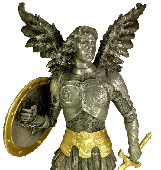 12.5" Saint Michael Archangel W Sword & Shield Demon Statue Pewter & Gold Color