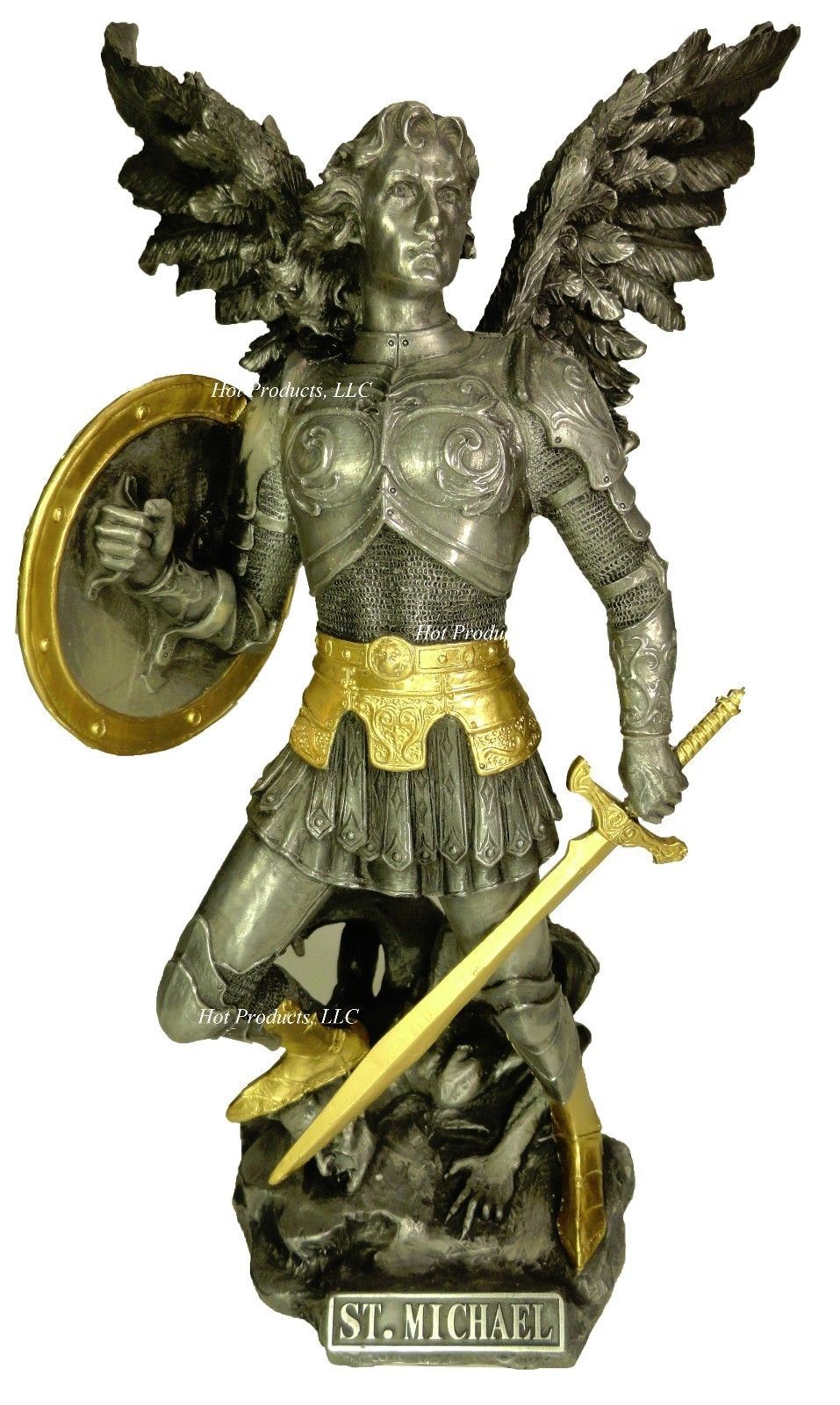 12.5" Saint Michael Archangel W Sword & Shield Demon Statue Pewter & Gold Color