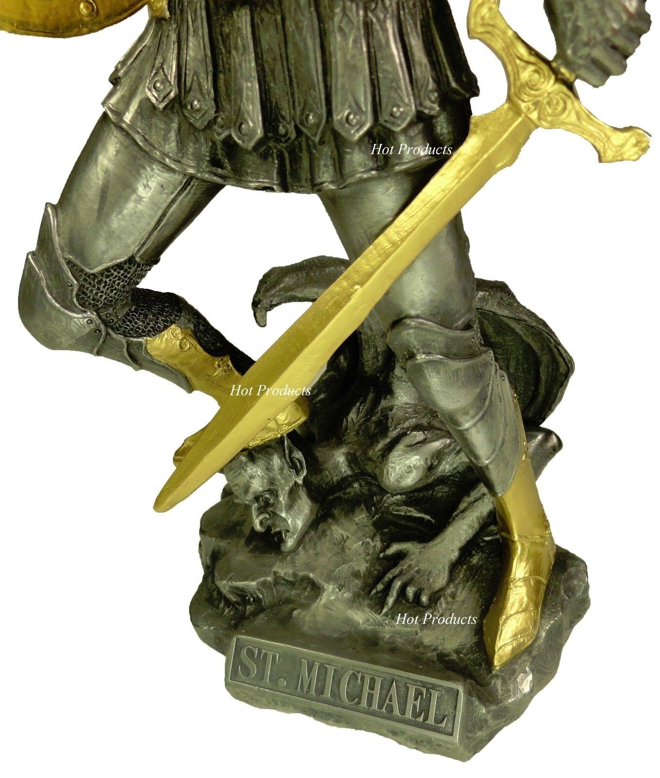 12.5" Saint Michael Archangel W Sword & Shield Demon Statue Pewter & Gold Color