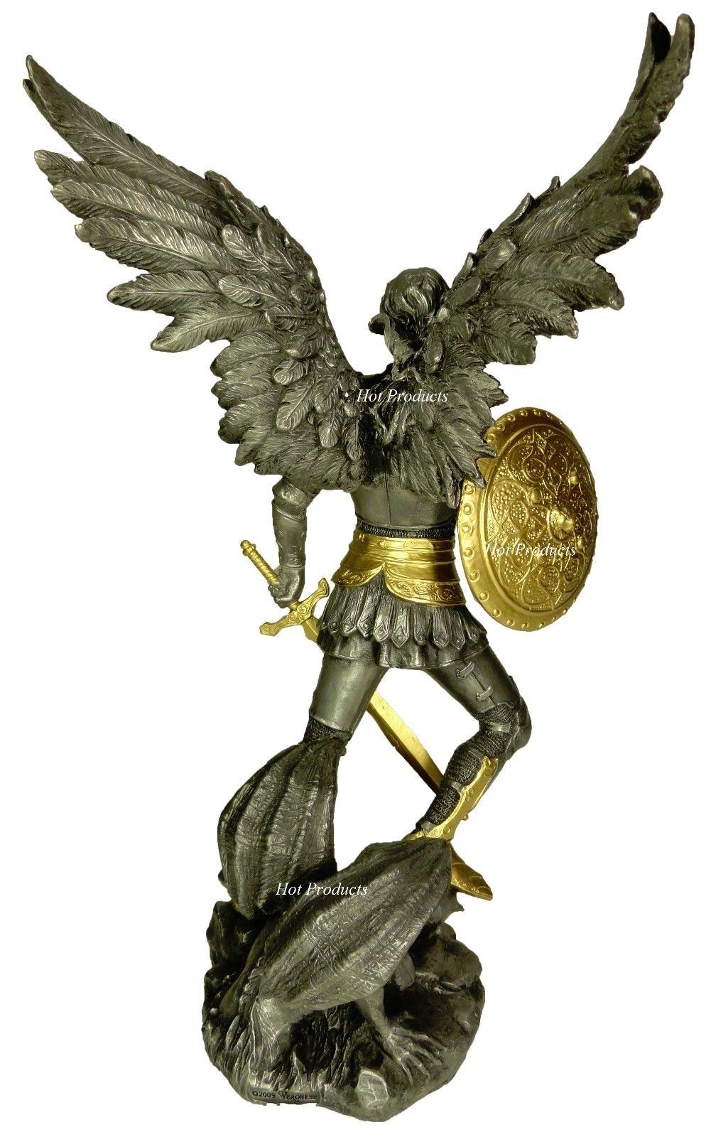 12.5" Saint Michael Archangel W Sword & Shield Demon Statue Pewter & Gold Color