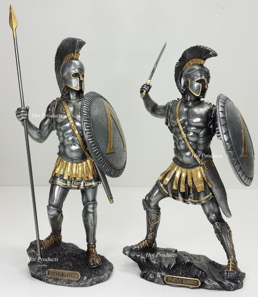 Pair of 12.5" SPARTAN GREEK WARRIOR HOPLITE SHIELD Pewter & Gold Color Statue