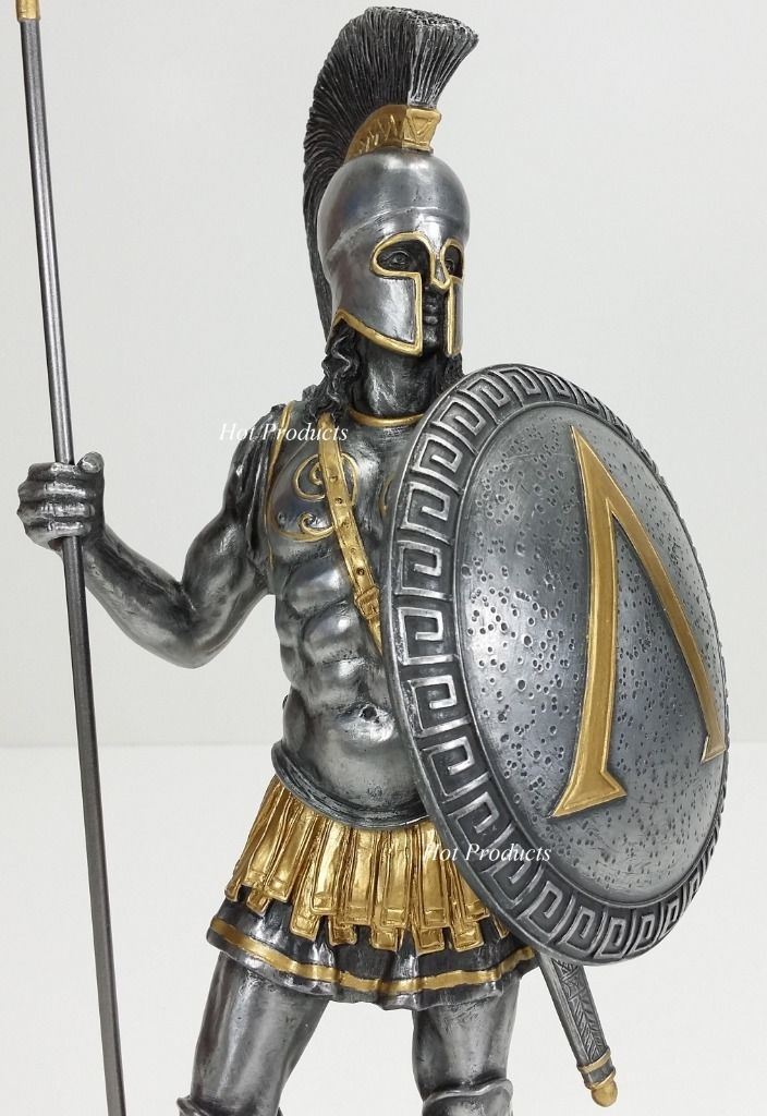 Pair of 12.5" SPARTAN GREEK WARRIOR HOPLITE SHIELD Pewter & Gold Color Statue