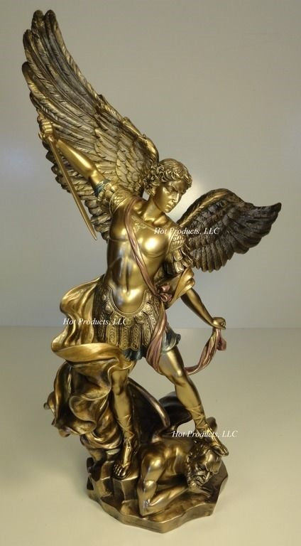 14 1/2" Saint Michael Archangel Standing on Demon Statue Antique Bronze Color