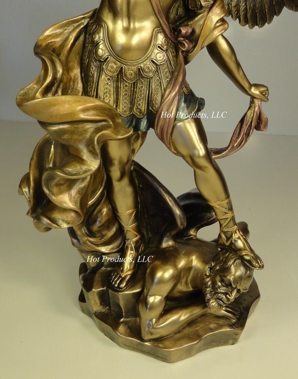 14 1/2" Saint Michael Archangel Standing on Demon Statue Antique Bronze Color