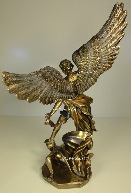 14 1/2" Saint Michael Archangel Standing on Demon Statue Antique Bronze Color