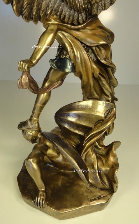 14 1/2" Saint Michael Archangel Standing on Demon Statue Antique Bronze Color