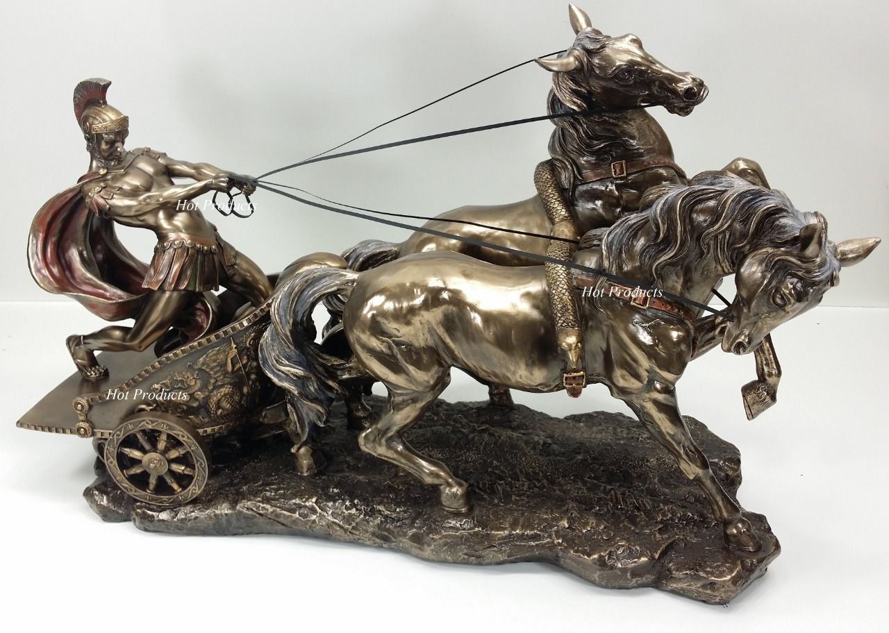 LARGE 25" Medieval Times Roman Gladiator Chariot Statue Bronze Color