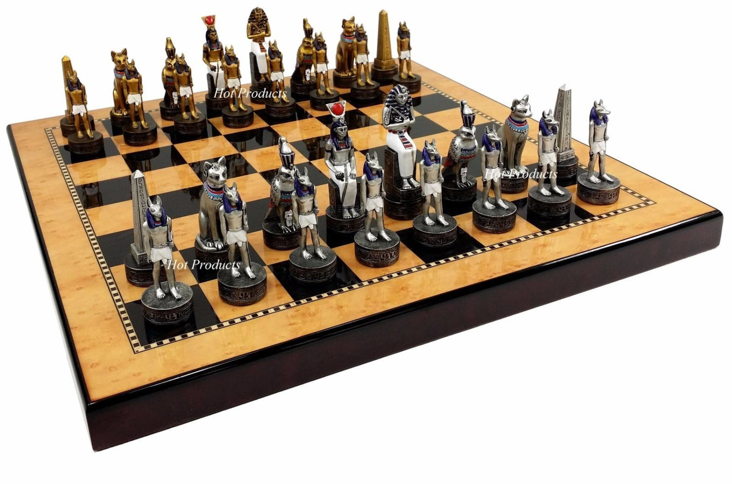 Egyptian Anubis Gold & Silver Chess Men Set W/ Color Accents 15" Maple  Color Bd