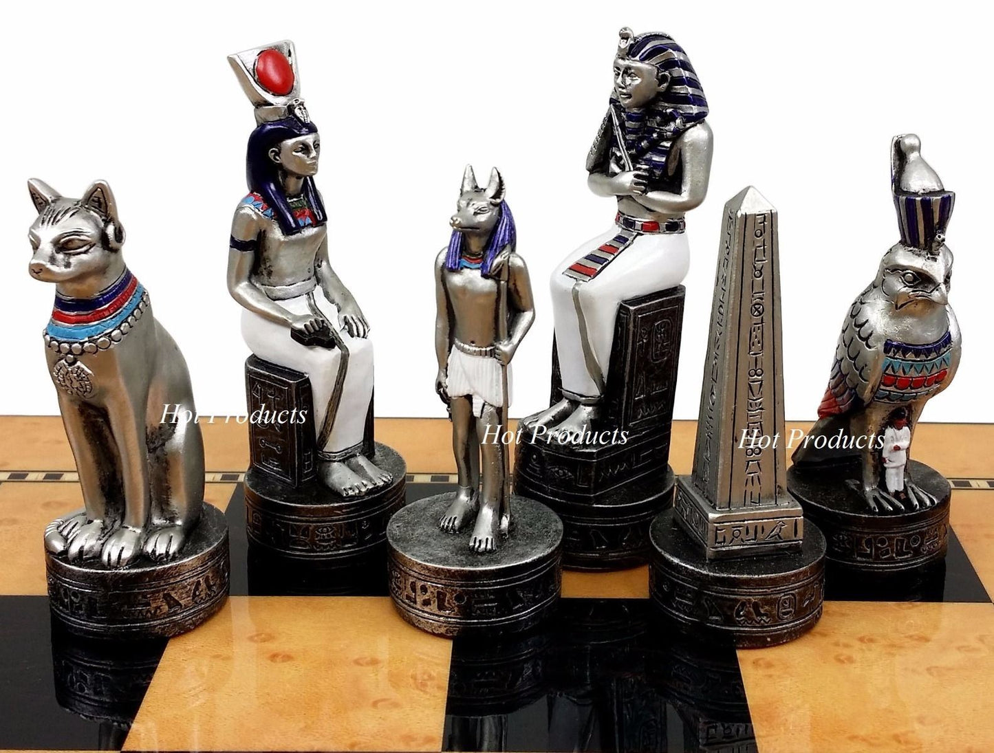 Egyptian Anubis Gold & Silver Chess Men Set W/ Color Accents 15" Maple  Color Bd