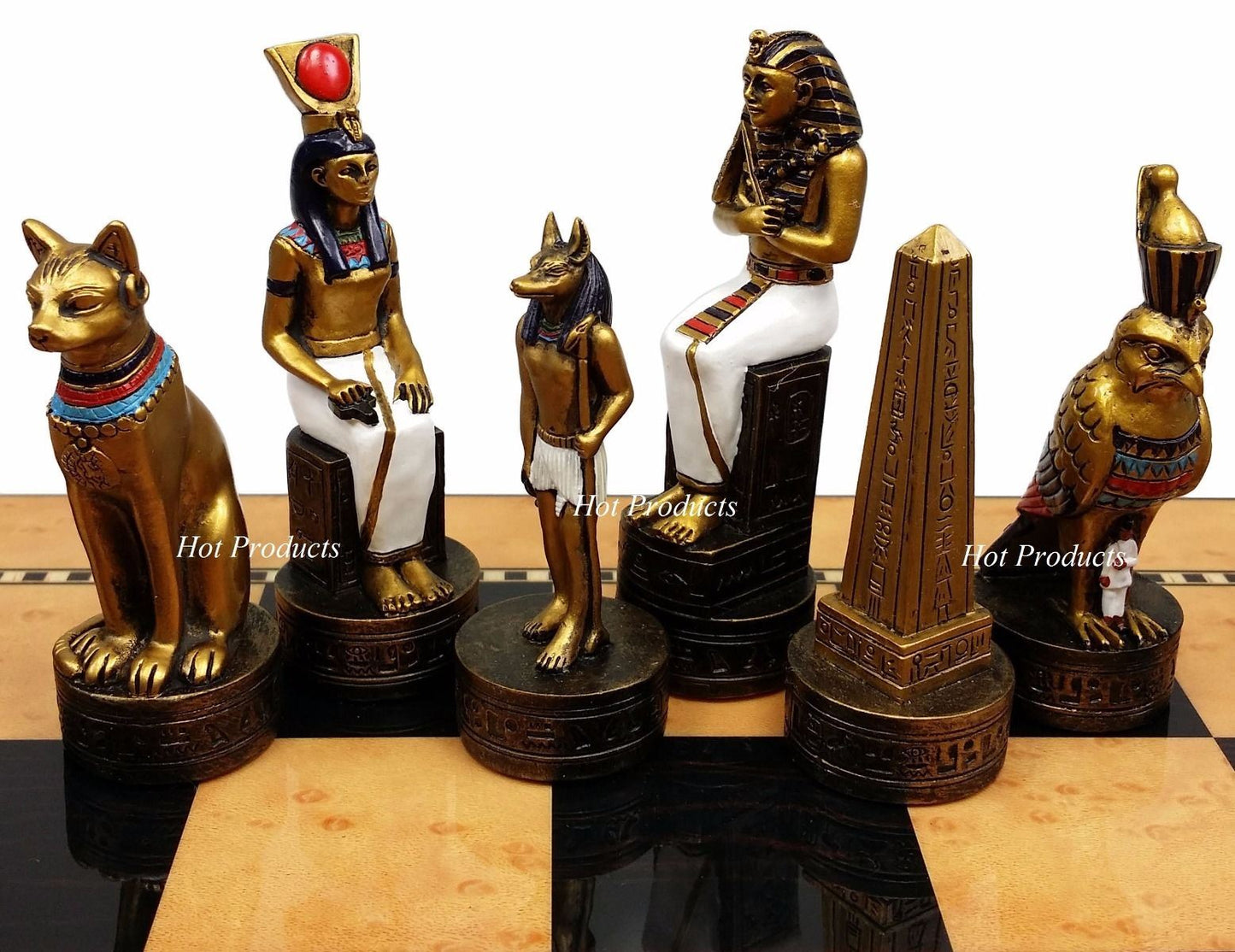 Egyptian Anubis Gold & Silver Chess Men Set W/ Color Accents 15" Maple  Color Bd