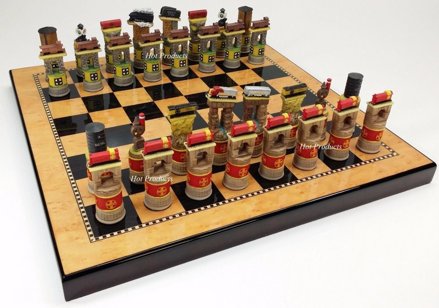 BNSF Santa Fe Railroad Train Chess Set W 15" Walnut Color Board Trains