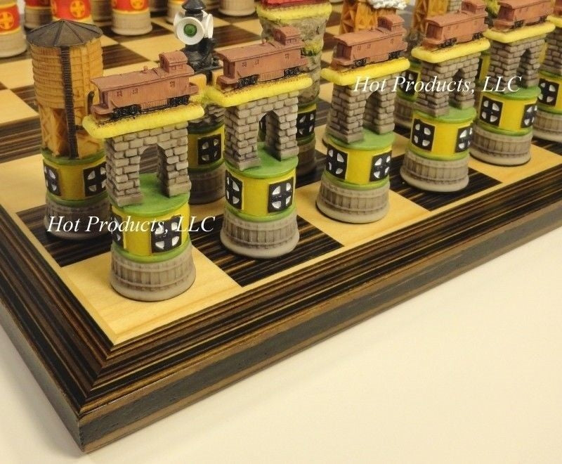 TRAIN Chess Set W/ 14" Ebony & Maple Wood Veneer Board Trains