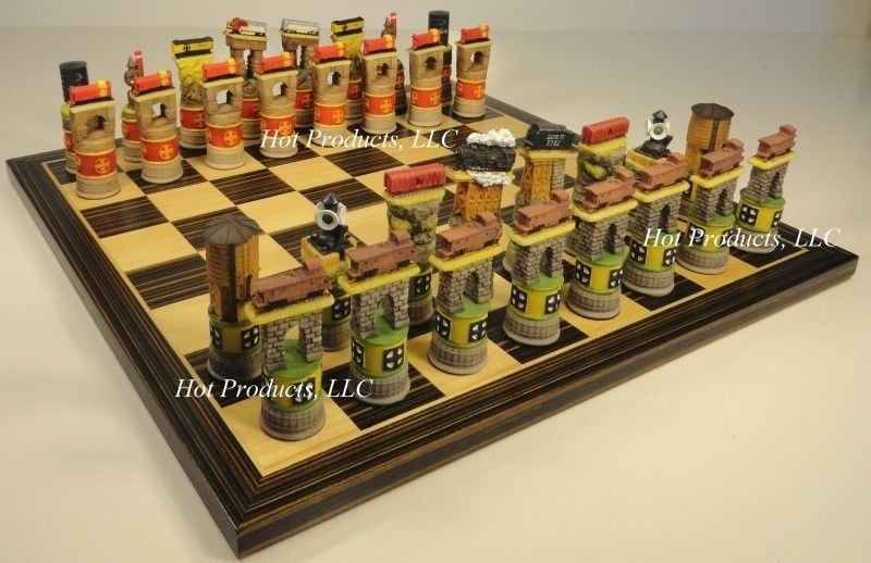 TRAIN Chess Set W/ 14" Ebony & Maple Wood Veneer Board Trains