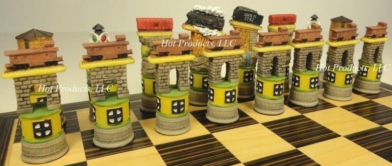 TRAIN Chess Set W/ 14" Ebony & Maple Wood Veneer Board Trains