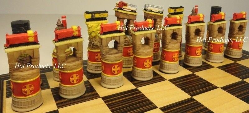 TRAIN Chess Set W/ 14" Ebony & Maple Wood Veneer Board Trains